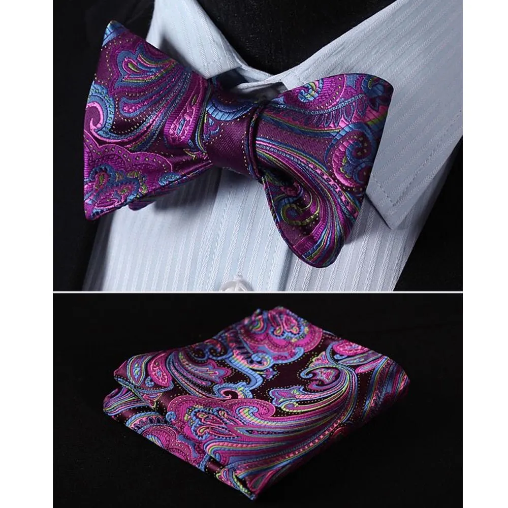 Puplish Mens Silk Self tie Bow Tie with Pocket Squares Set