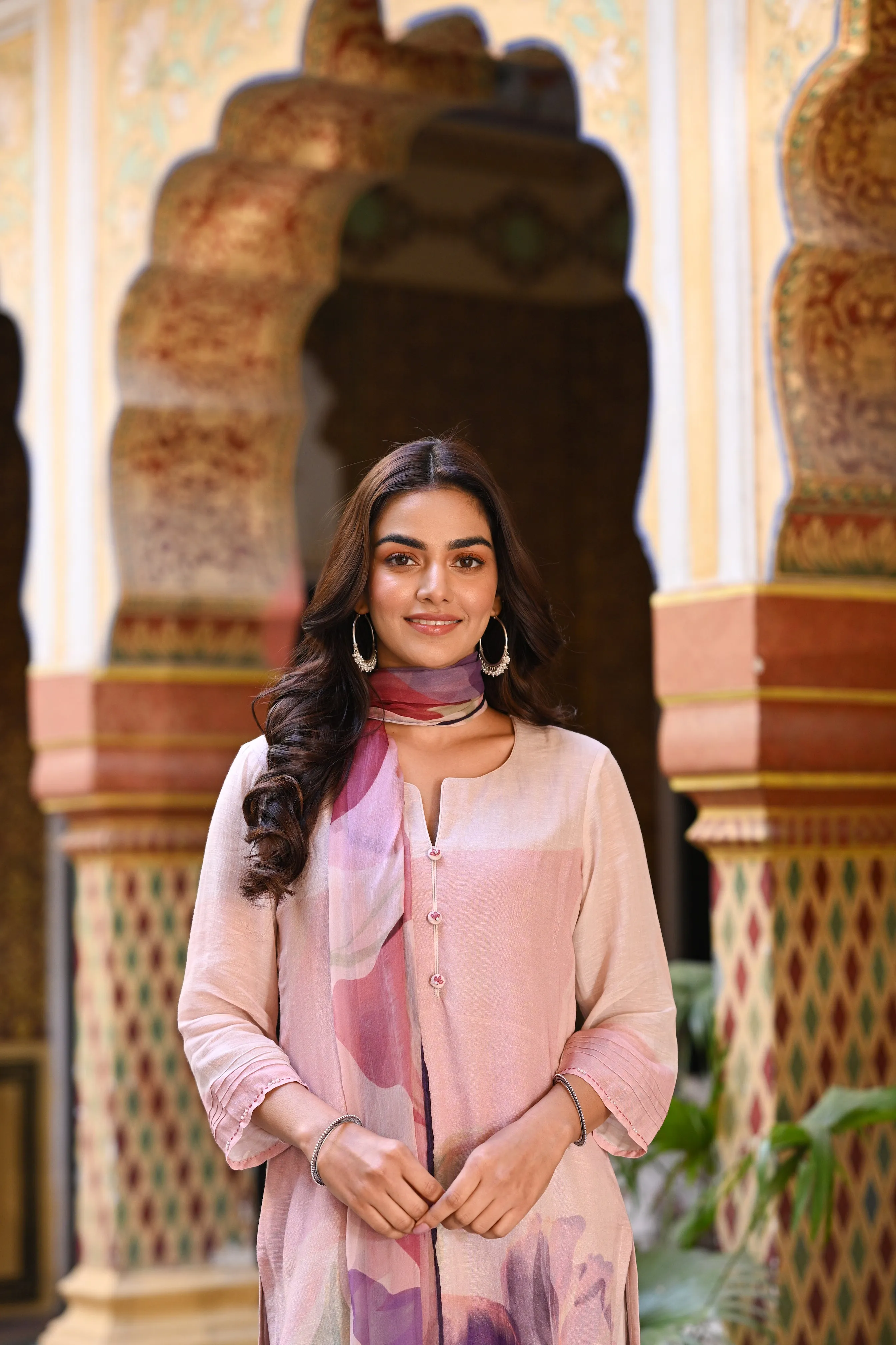 Purple Linen Sooraj Suit Set with Chiffon Dupatta and Tassels