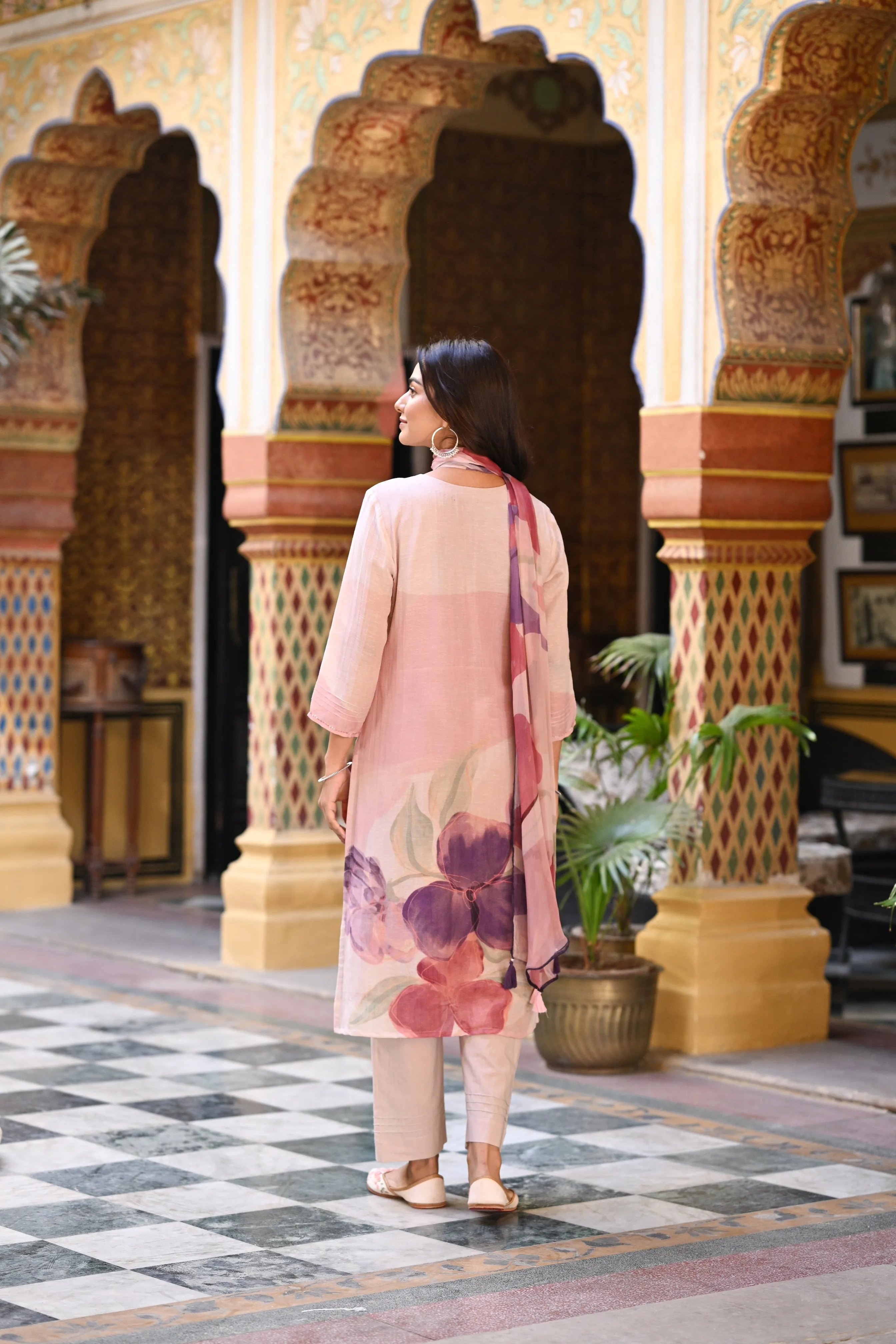 Purple Linen Sooraj Suit Set with Chiffon Dupatta and Tassels