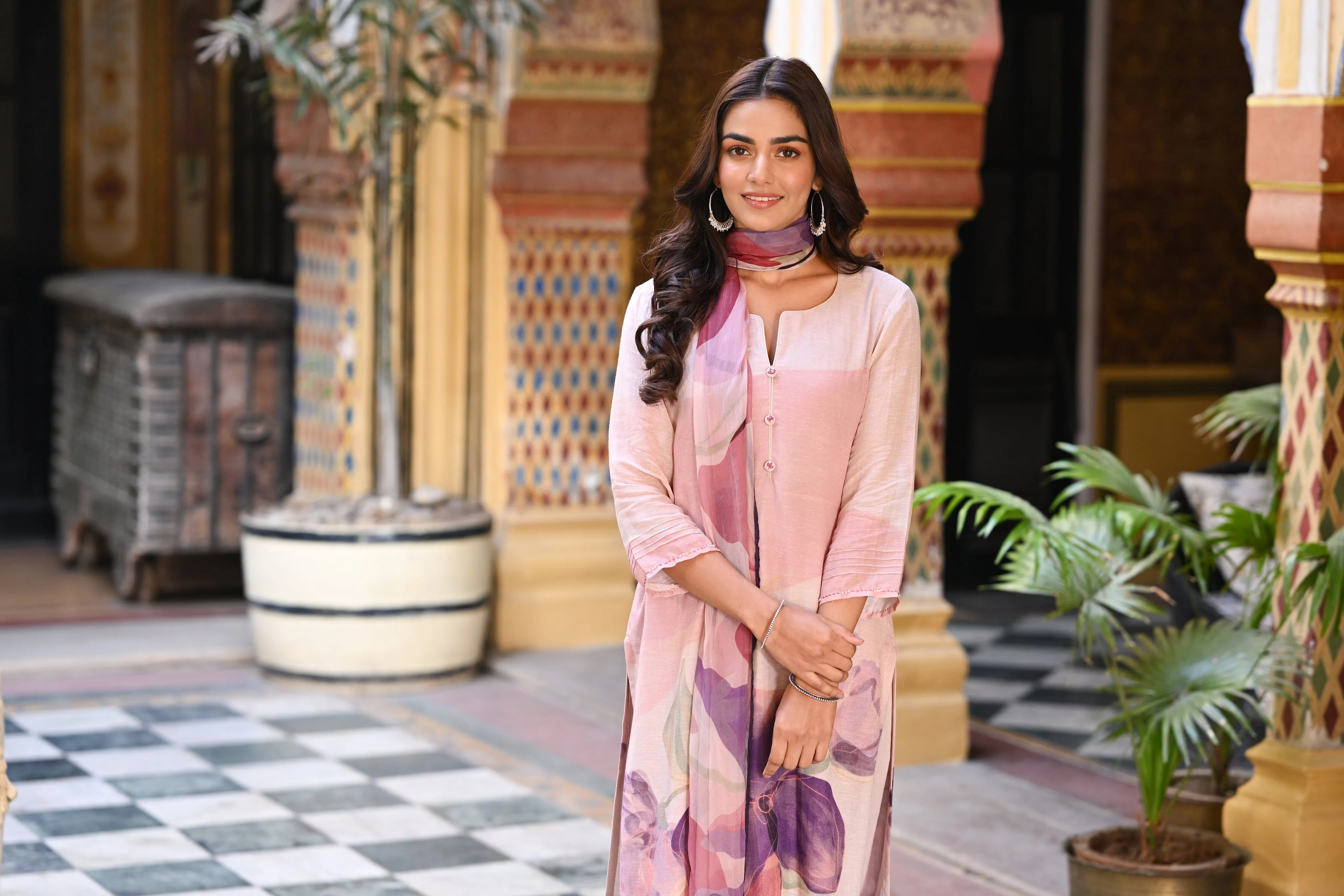 Purple Linen Sooraj Suit Set with Chiffon Dupatta and Tassels