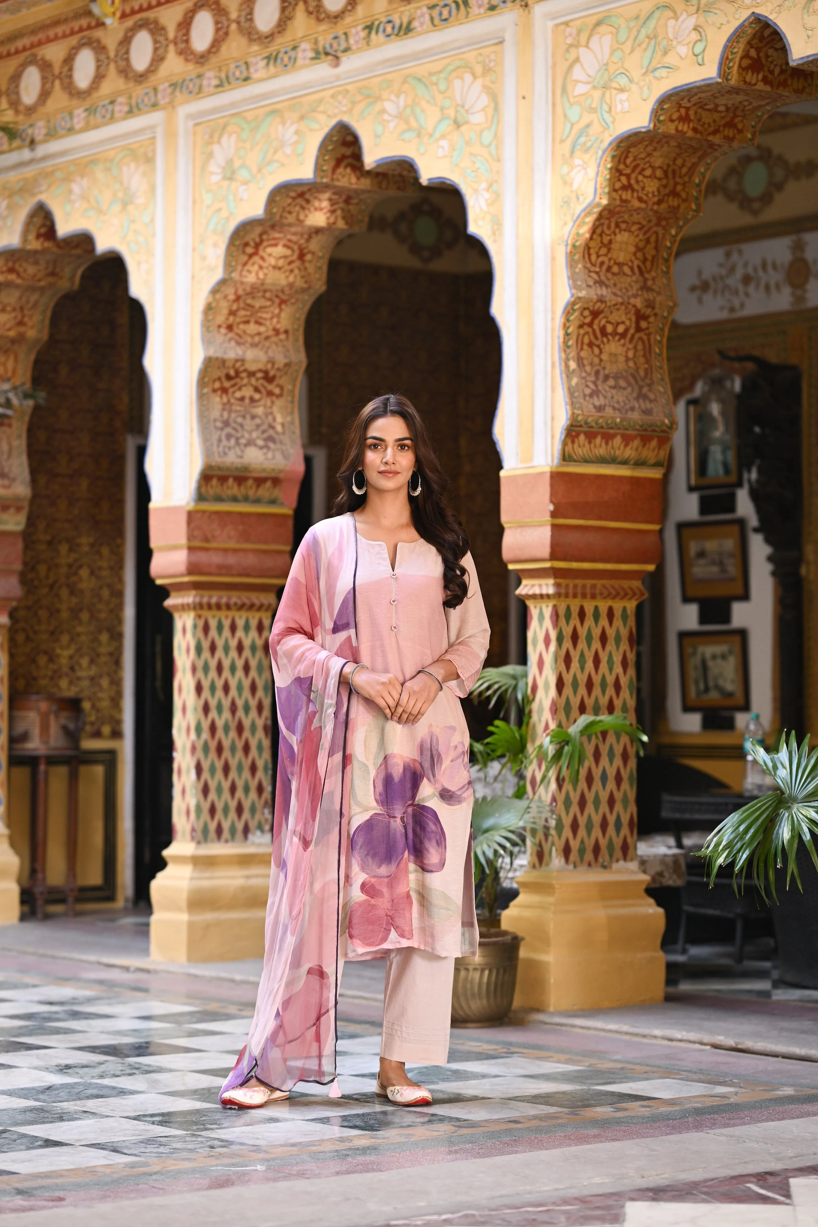 Purple Linen Sooraj Suit Set with Chiffon Dupatta and Tassels
