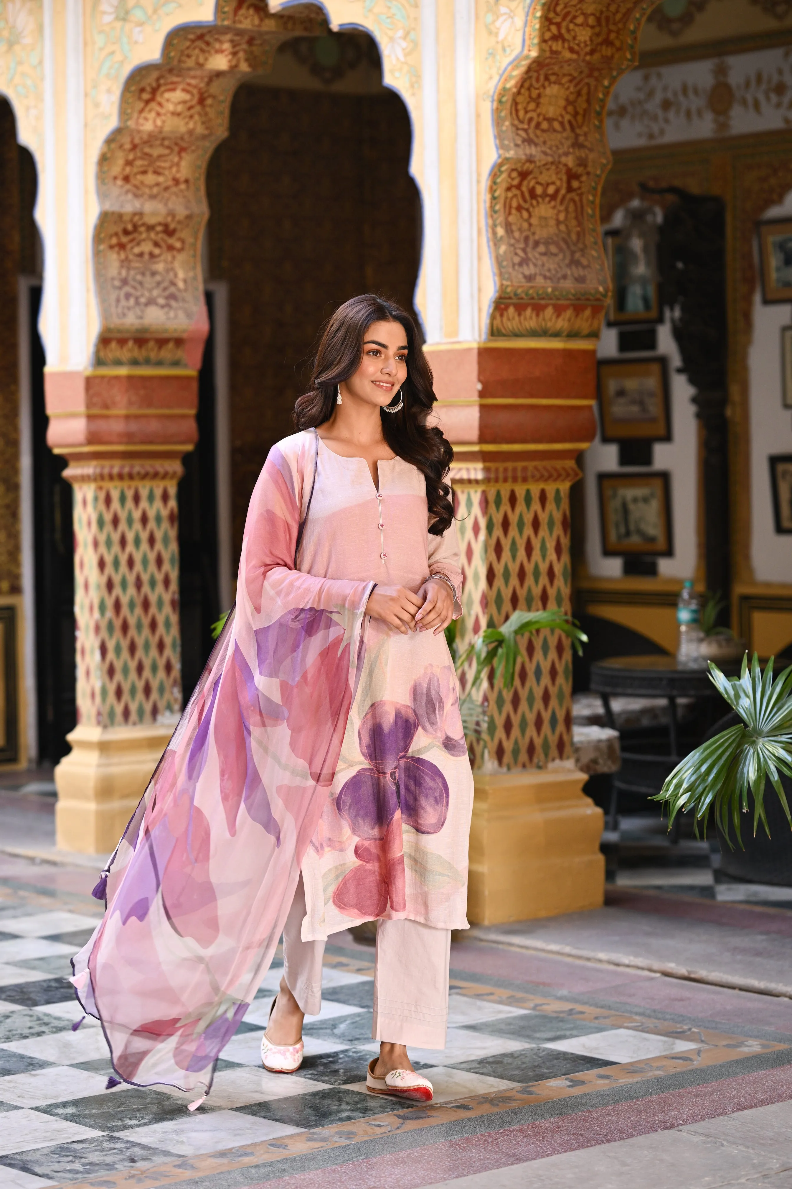 Purple Linen Sooraj Suit Set with Chiffon Dupatta and Tassels