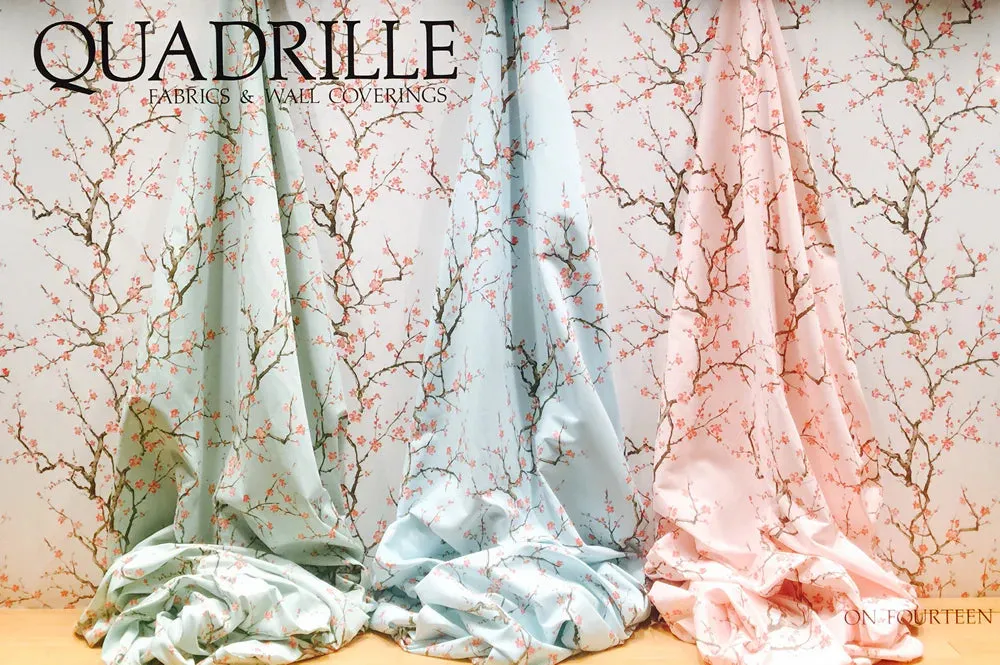 Quadrille Fabric: Cherry Branch - Custom Pale Blue Multi on Ivory Linen / Cotton