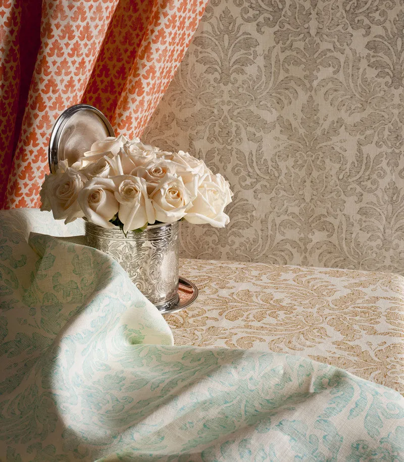 Quadrille Fabric: Sevilla Damask - Custom Turquoise on Tinted Belgian Linen / Cotton