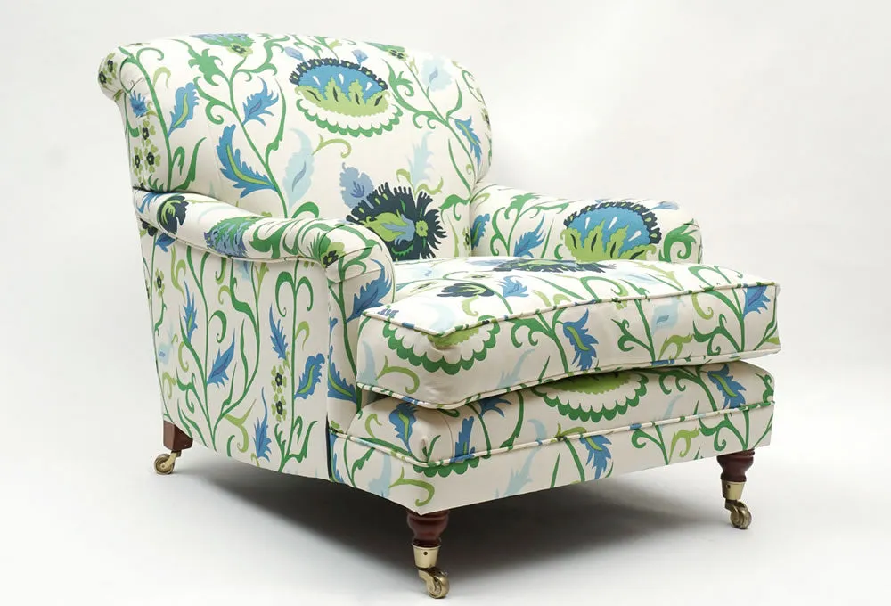 Quadrille Fabric: Uzbek Large Scale - Multi Blues / Green / Royal on White Belgian Linen / Cotton