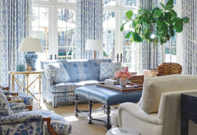 Quadrille Fabric: Victoria - Custom China Blue on Tinted Belgian Linen / Cotton