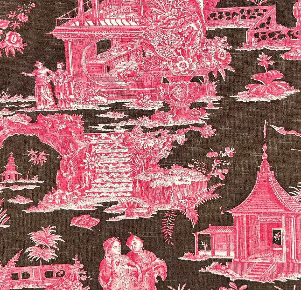 Quadrille Prints: Paradise Garden - Custom Rose and Brown on Tinted Belgian Linen / Cotton