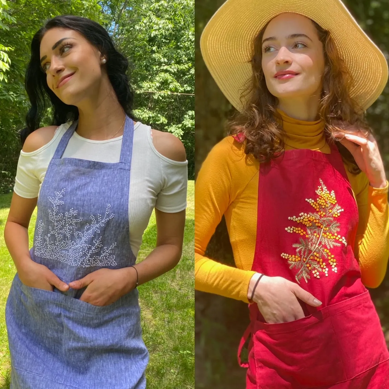 "Botanicals" Aprons, hand embroidered linen or cotton