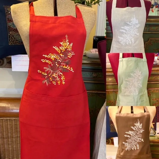 "Botanicals" Aprons, hand embroidered linen or cotton