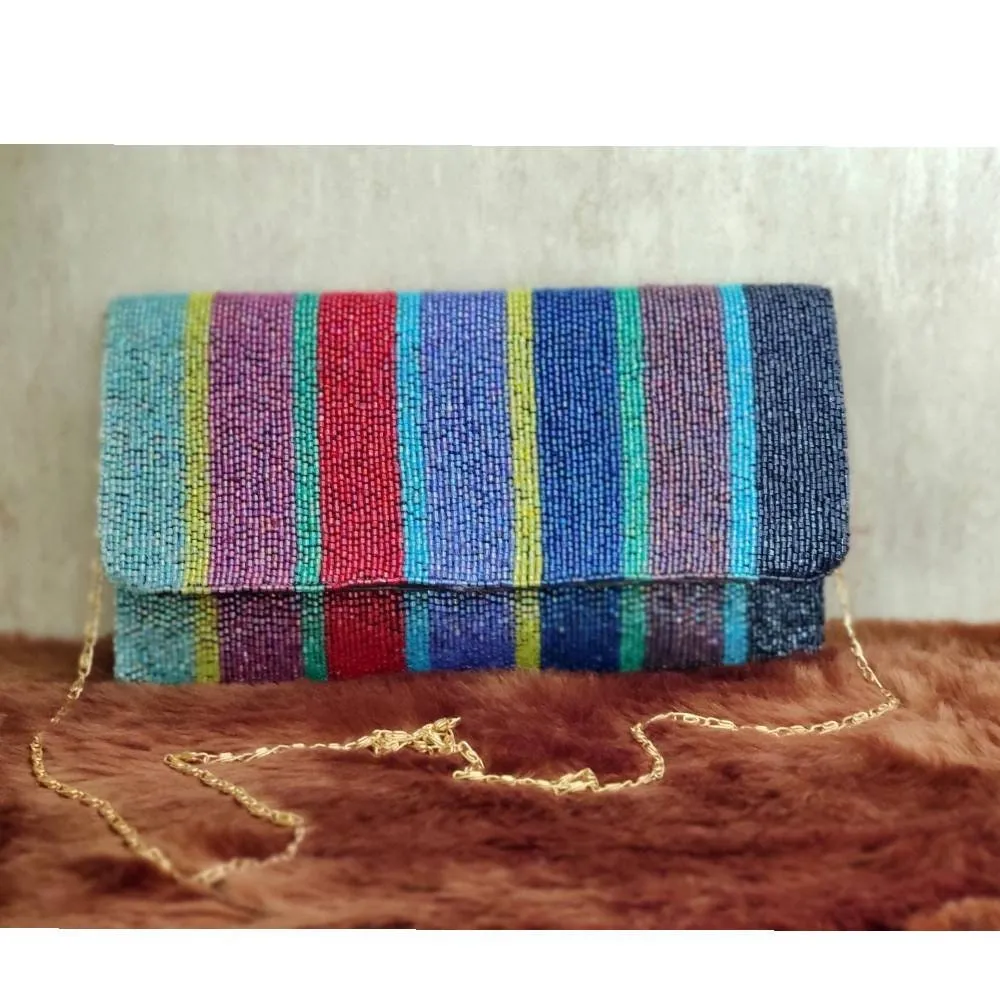 Rainbow Pipework Evening Clutch Handbag , Party Purse Indian Clutch Sling, Wedding Bridal Bag, Embellished Embroidered Evening Clutch, Gift