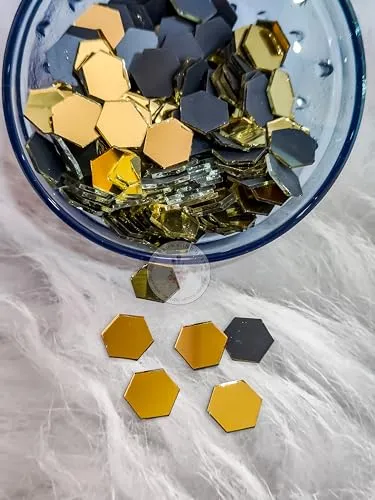 R&H Gold Mirror Hexagon Mirrors 100 Grams for LIPPAN Art, Mirror Art, MUD and Mirror Art, Craft, Mosaic Art, Home Decorations ETC (1.6 CM)