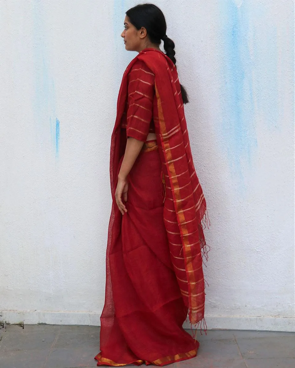 Red Charm Handwoven Linen Saree - Everyday Beautiful