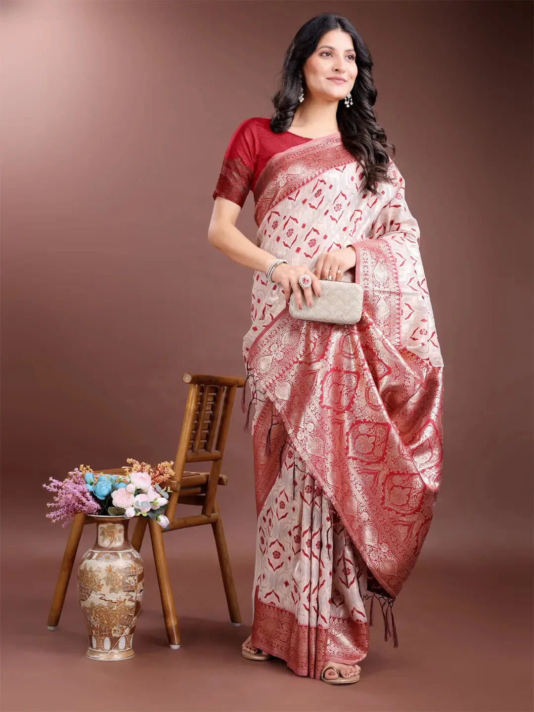 Red Linen Cotton Saree