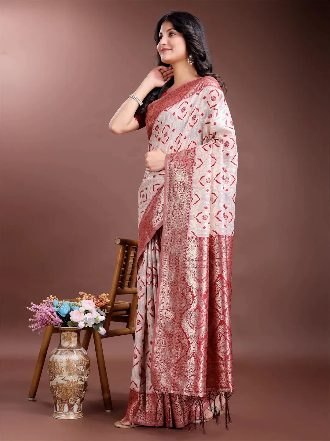 Red Linen Cotton Saree
