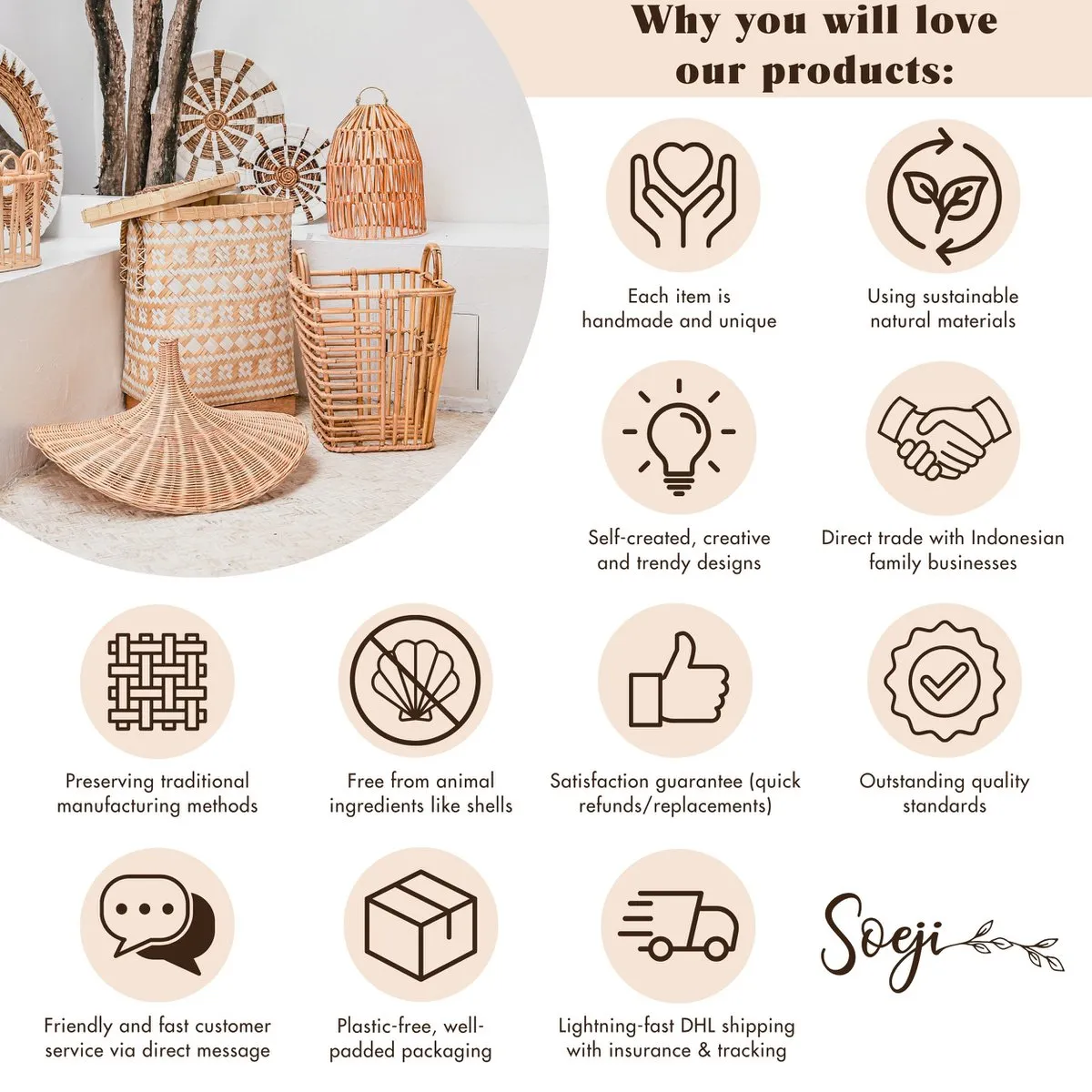 Rootz  Boho Wall Decor Set – Rattan Wall Baskets – Natural Wall Hanging – Woven Wall Decoration – Handmade Set of 5 Wall Plates (Ø 15-45 cm) PENIDA