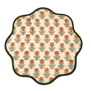 Sage Green Block Printed Flower Scalloped Placemats