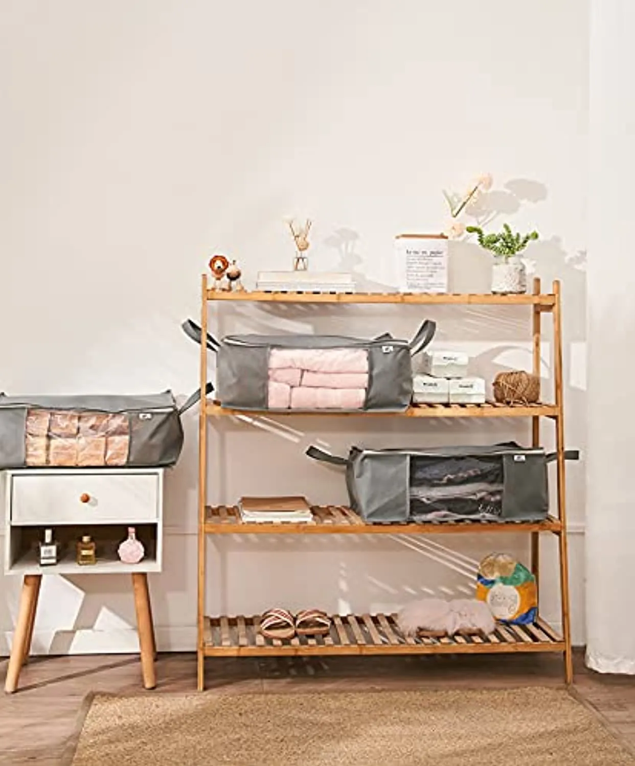 Sami Time Clothes Blanket Storage Bags Organizer with Reinforced Handle-Set of 3,Foldable with Sturdy Zipper, Clear Window (Large Gray(19.68in14.17in8.26in))