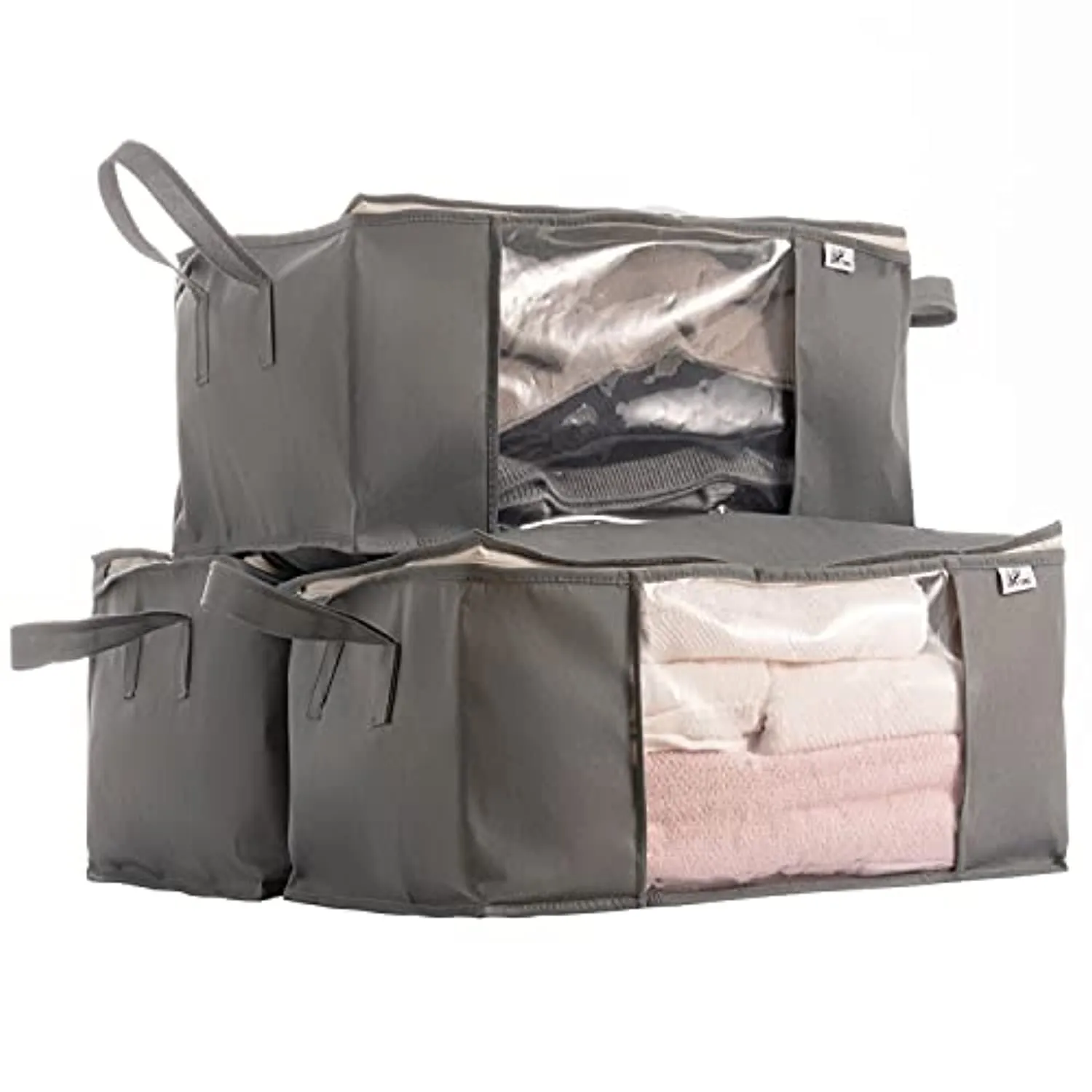Sami Time Clothes Blanket Storage Bags Organizer with Reinforced Handle-Set of 3,Foldable with Sturdy Zipper, Clear Window (Large Gray(19.68in14.17in8.26in))