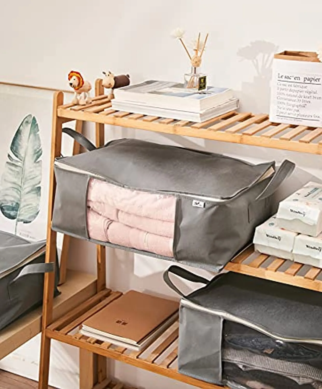 Sami Time Clothes Blanket Storage Bags Organizer with Reinforced Handle-Set of 3,Foldable with Sturdy Zipper, Clear Window (Large Gray(19.68in14.17in8.26in))