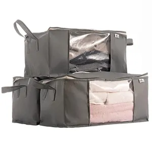 Sami Time Clothes Blanket Storage Bags Organizer with Reinforced Handle-Set of 3,Foldable with Sturdy Zipper, Clear Window (Large Gray(19.68in14.17in8.26in))