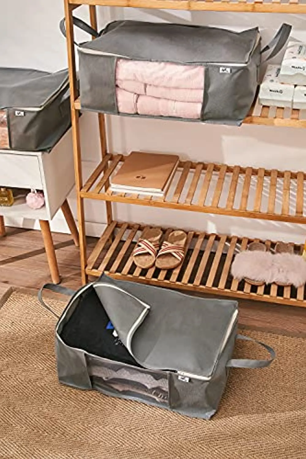 Sami Time Clothes Blanket Storage Bags Organizer with Reinforced Handle-Set of 3,Foldable with Sturdy Zipper, Clear Window (Large Gray(19.68in14.17in8.26in))
