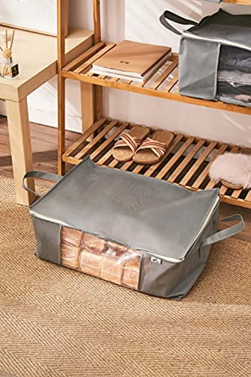 Sami Time Clothes Blanket Storage Bags Organizer with Reinforced Handle-Set of 3,Foldable with Sturdy Zipper, Clear Window (Large Gray(19.68in14.17in8.26in))