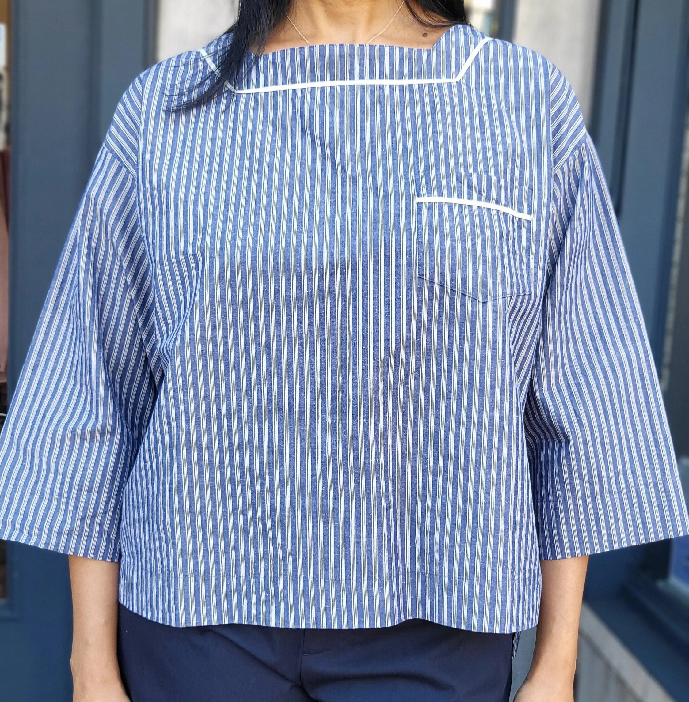 Sarahwear- (C52892) Cotton/Linen Stripe Blouse - Blue