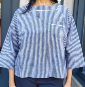 Sarahwear- (C52892) Cotton/Linen Stripe Blouse - Blue