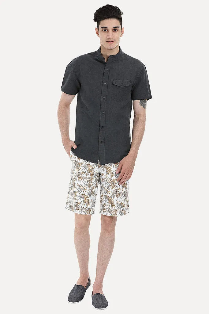 Short Sleeve Band-Collar Linen/Cotton Shirt