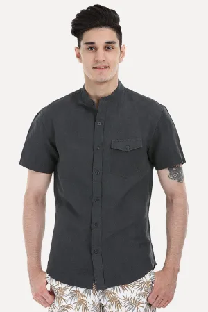 Short Sleeve Band-Collar Linen/Cotton Shirt