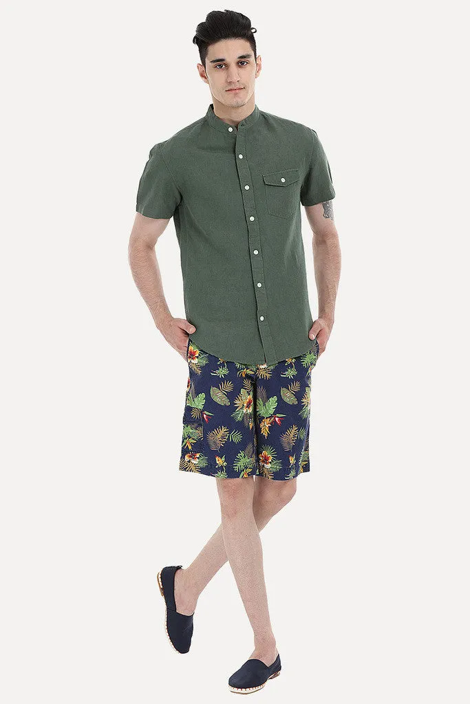 Short Sleeve Band-Collar Linen/Cotton Shirt