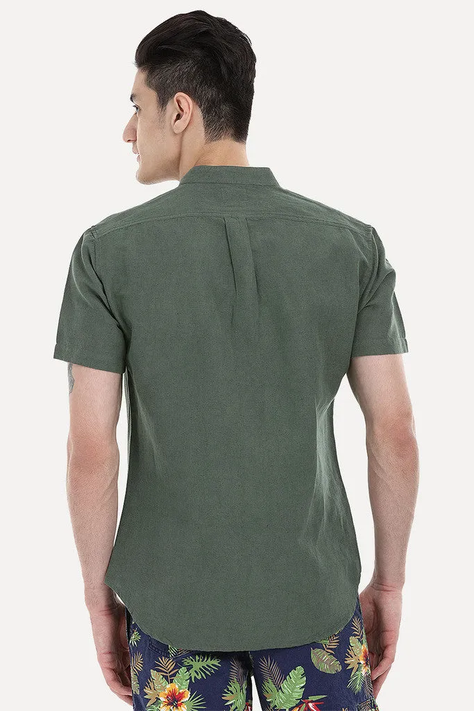 Short Sleeve Band-Collar Linen/Cotton Shirt