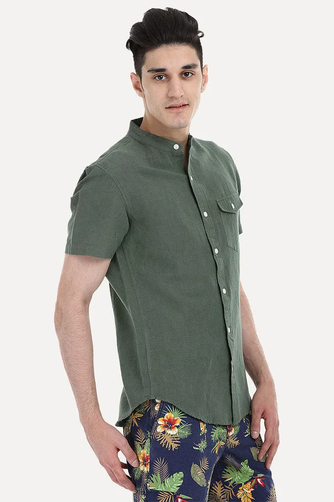 Short Sleeve Band-Collar Linen/Cotton Shirt