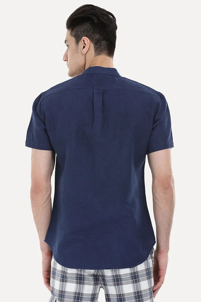 Short Sleeve Band-Collar Linen/Cotton Shirt