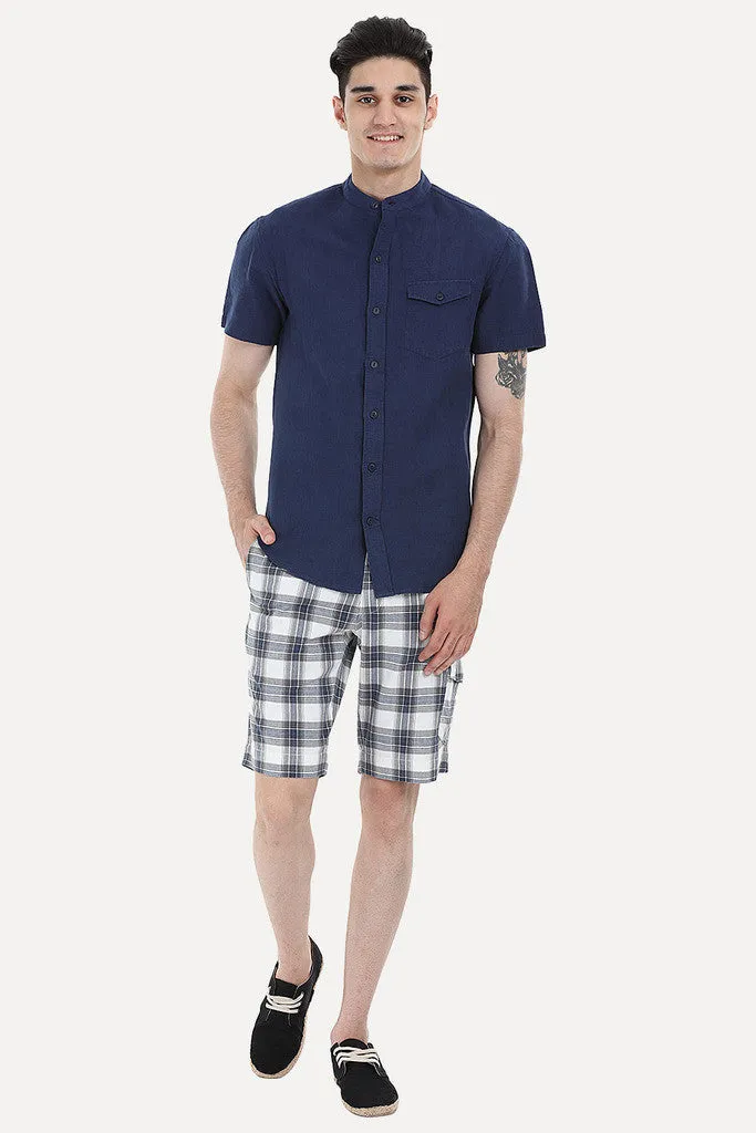 Short Sleeve Band-Collar Linen/Cotton Shirt