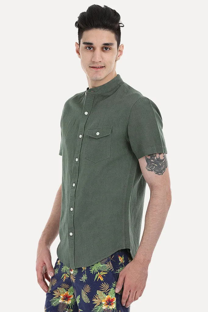 Short Sleeve Band-Collar Linen/Cotton Shirt