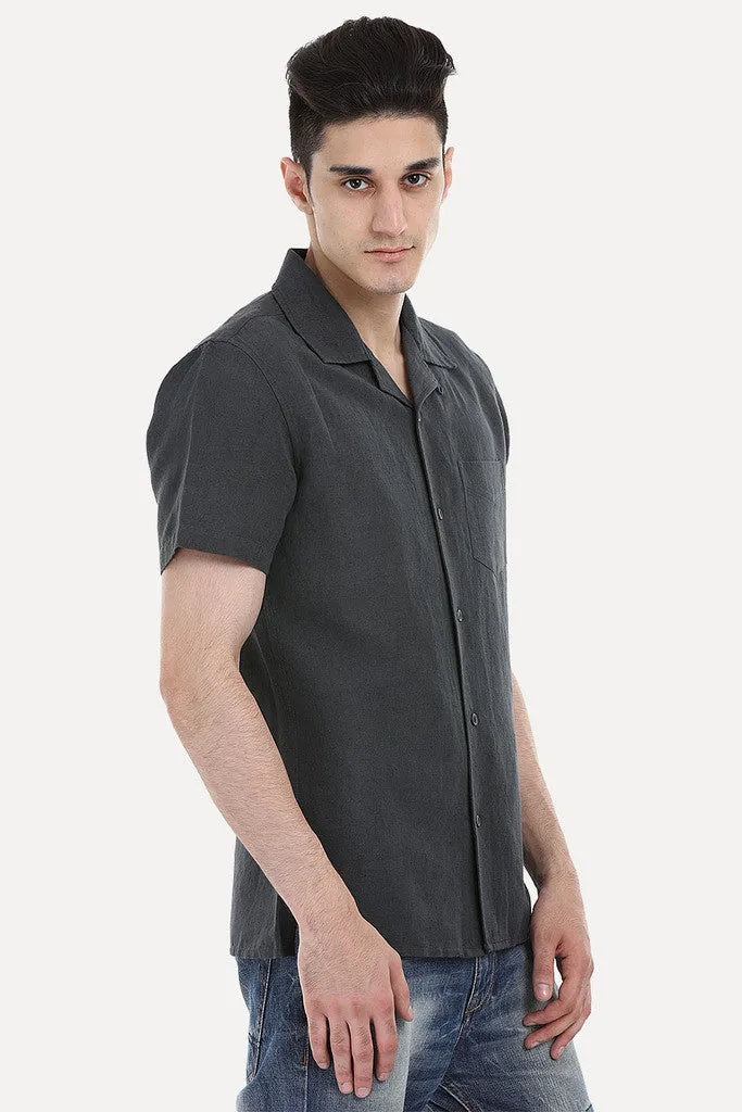 Short-Sleeve Camp-Collar Linen/Cotton Shirt
