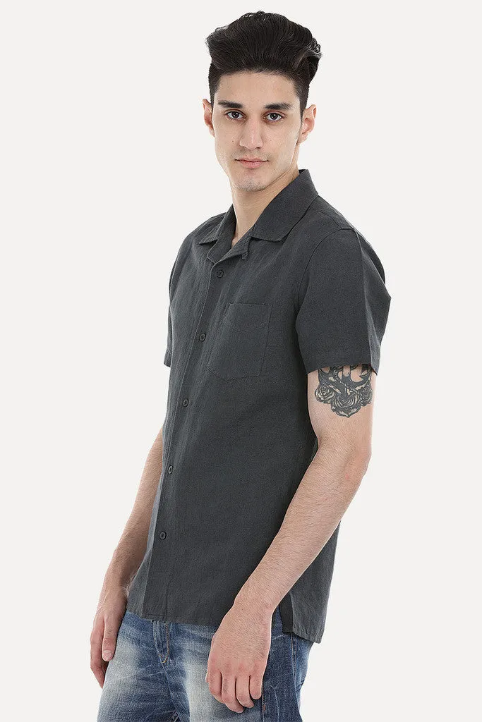 Short-Sleeve Camp-Collar Linen/Cotton Shirt