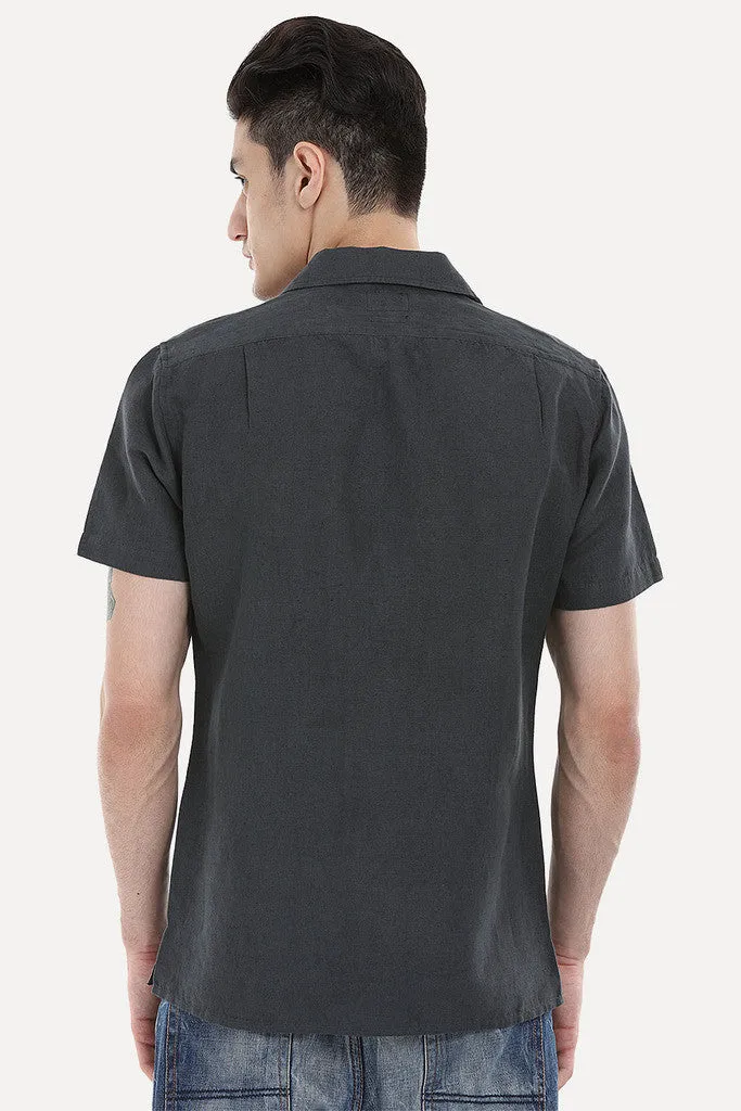 Short-Sleeve Camp-Collar Linen/Cotton Shirt