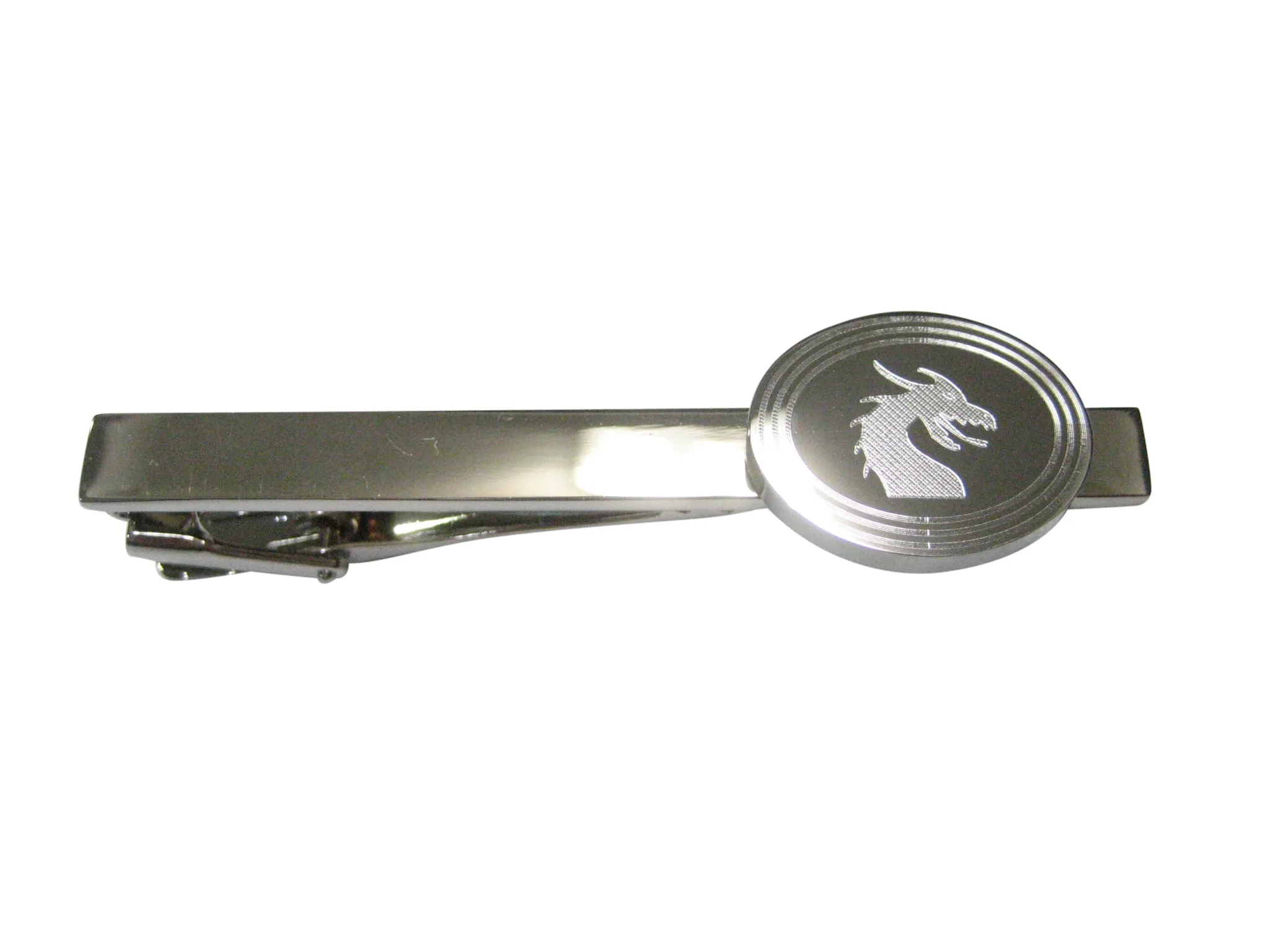 Silver Toned Etched Oval Dragon Head Tie Clip