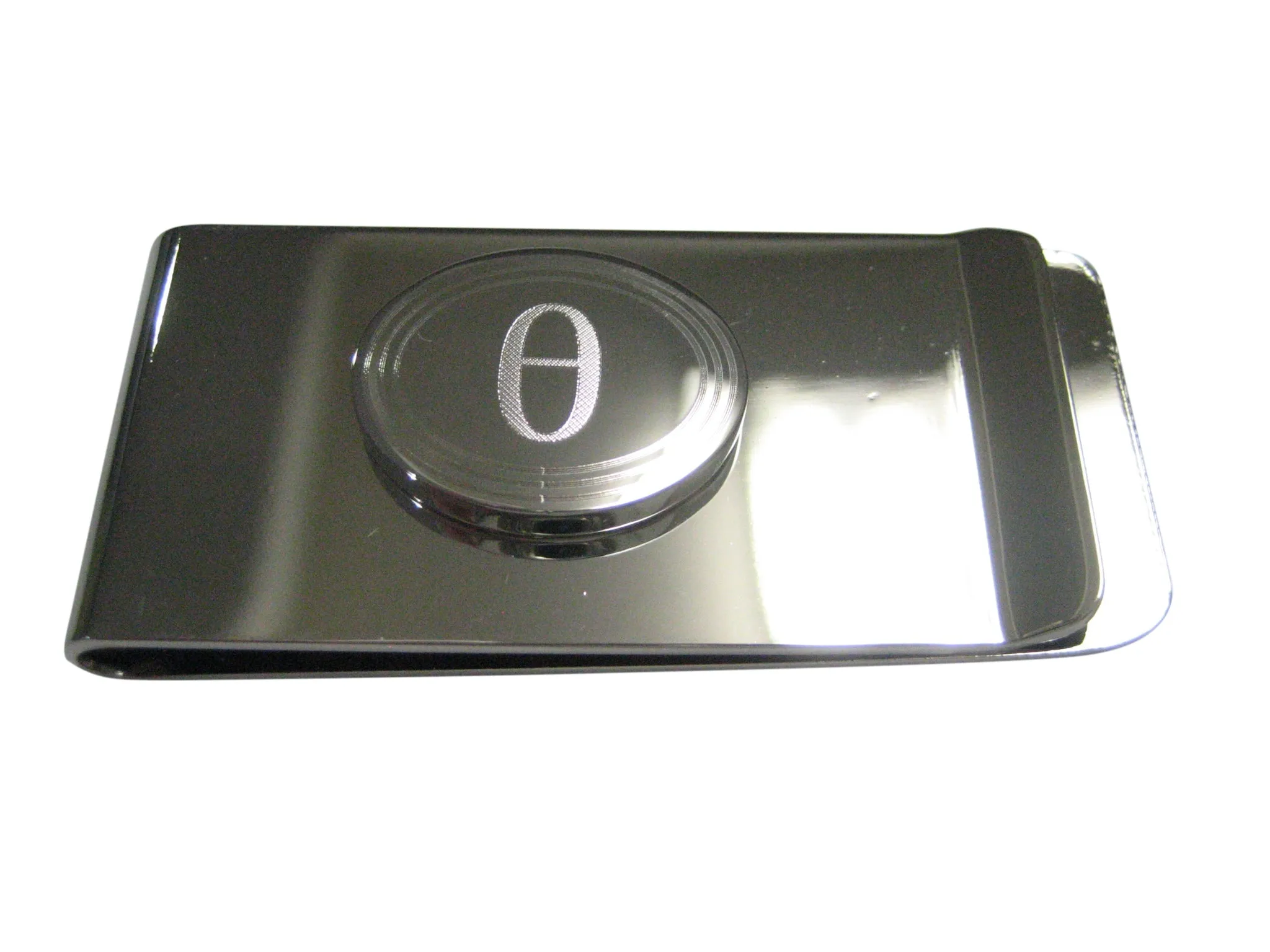 Silver Toned Etched Oval Greek Letter Theta Pendant Money Clip