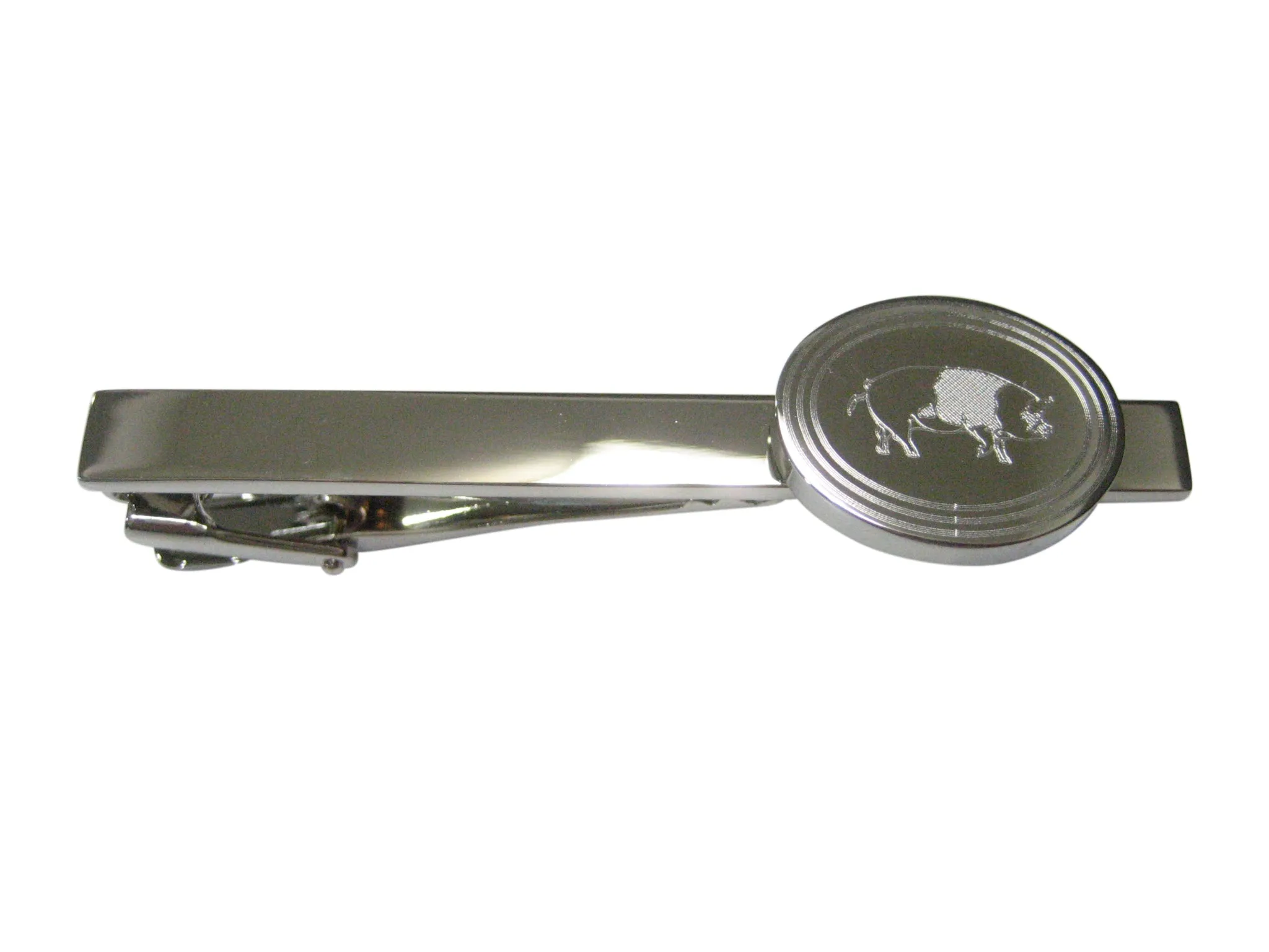 Silver Toned Etched Oval Pig Tie Clip