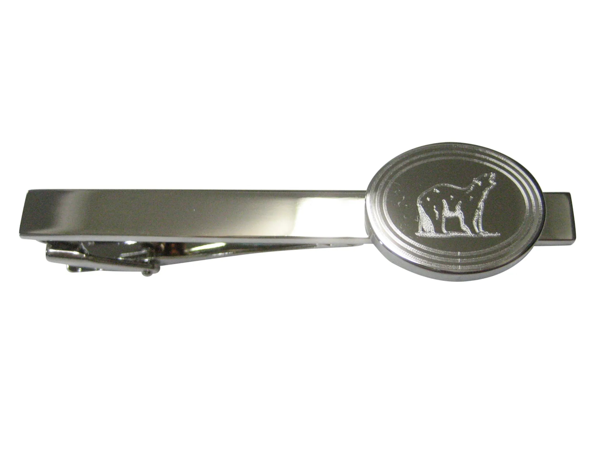 Silver Toned Etched Oval Polar Bear Tie Clip