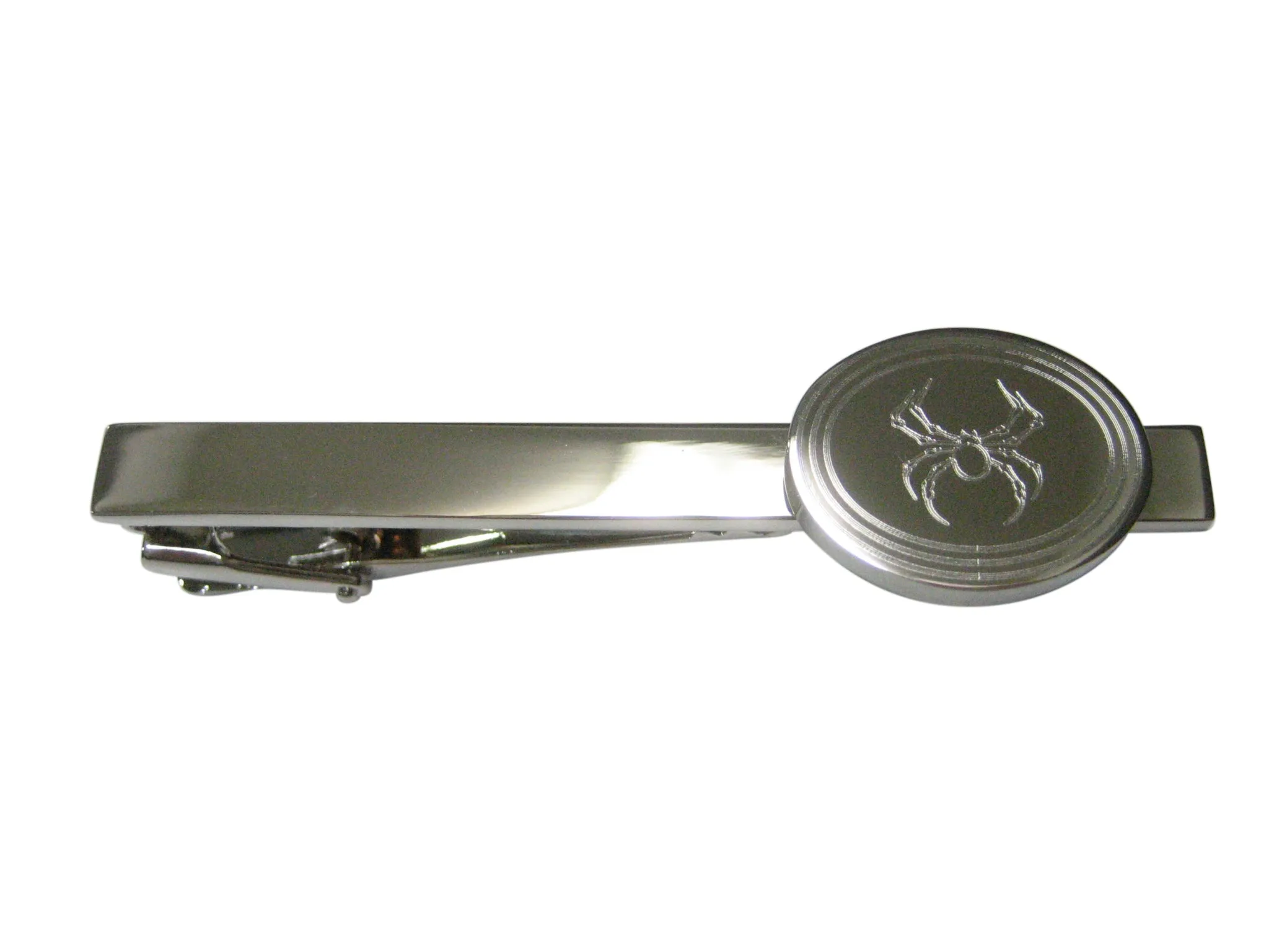 Silver Toned Etched Oval Spider Bug Insect Tie Clip