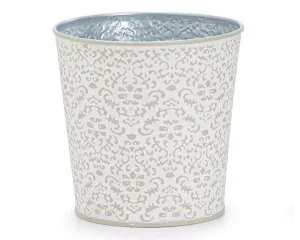 Small embossed gray tin flower pot cover