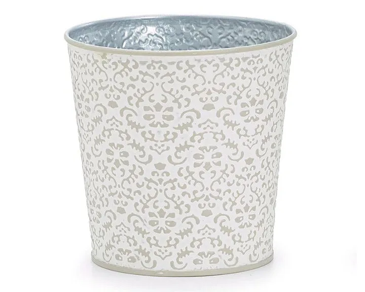 Small embossed gray tin flower pot cover