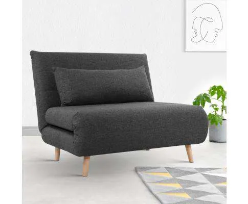 Sofa Bed Lounge King Single Seater Futon Couch Linen Fabric Wood Legs Dark Grey