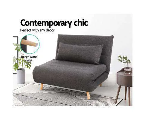Sofa Bed Lounge King Single Seater Futon Couch Linen Fabric Wood Legs Dark Grey