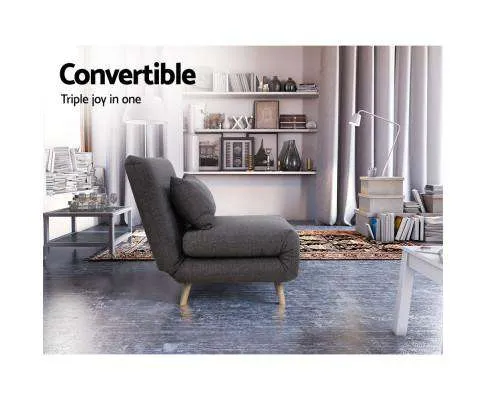 Sofa Bed Lounge King Single Seater Futon Couch Linen Fabric Wood Legs Dark Grey