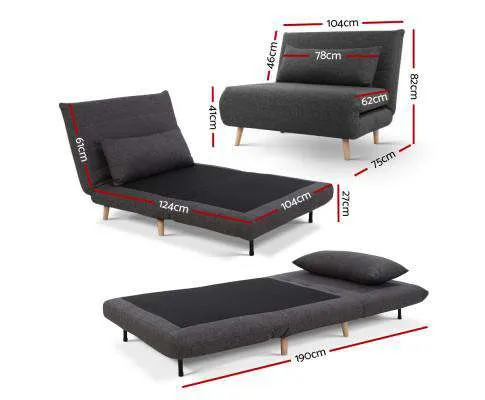 Sofa Bed Lounge King Single Seater Futon Couch Linen Fabric Wood Legs Dark Grey